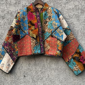 Vändbar Kantha-quiltad jacka: Handgjord vintagebomull i Banjara-stil # 69