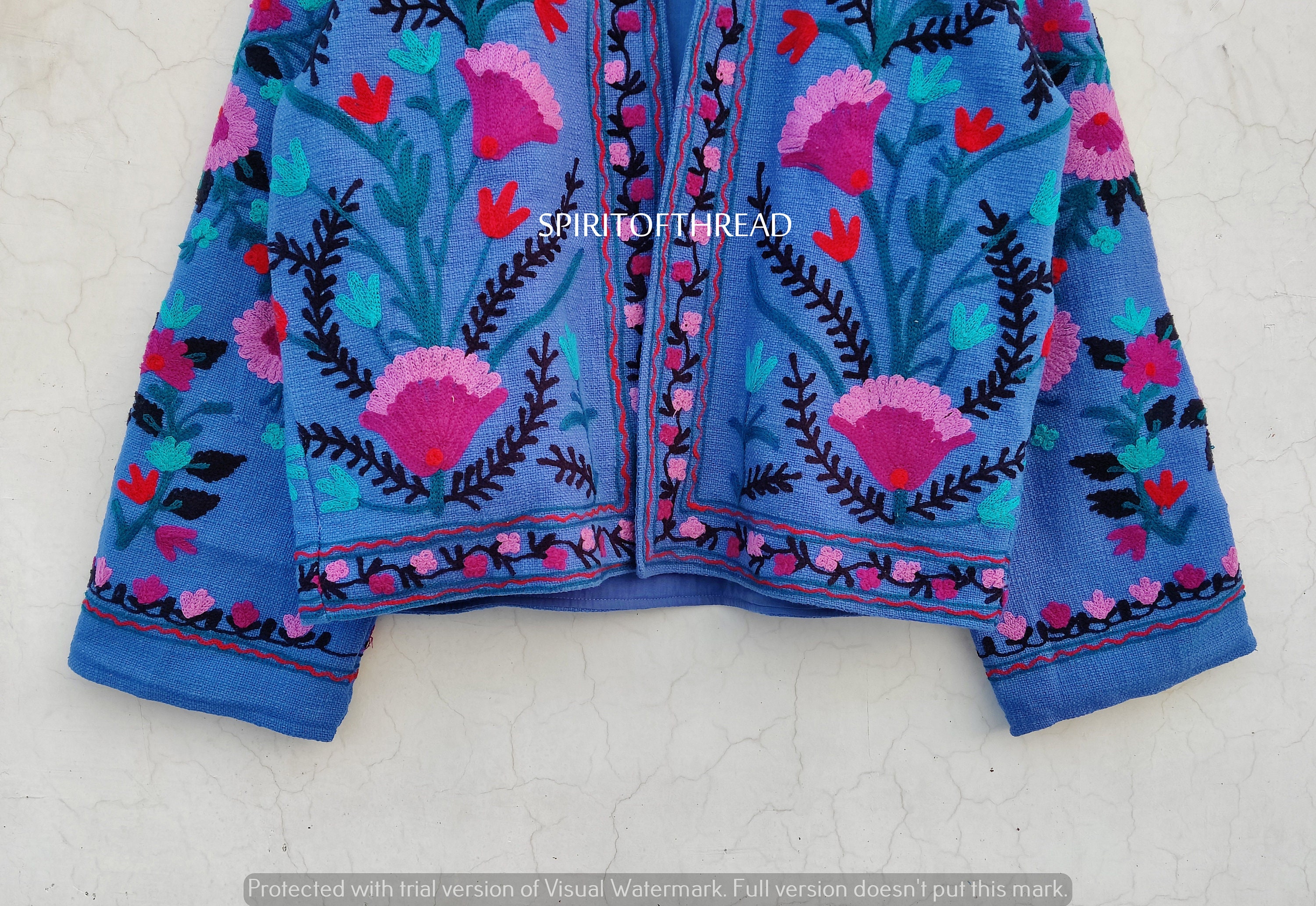 Dark Blue Cotton Suzani Hand Embroidered Jacket: Women's Winter