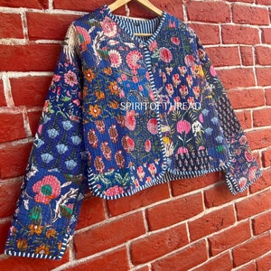 Blue Patchwork Quilted Jackets Floral Bohemian Style Fall Winter Jacket Coat Streetwear Boho Quilted Reversible Jacket for Women image 2