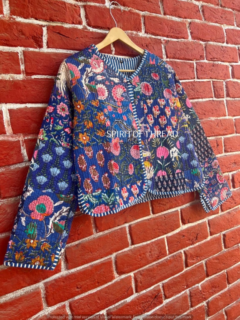 Blue Patchwork Quilted Jackets Floral Bohemian Style Fall Winter Jacket Coat Streetwear Boho Quilted Reversible Jacket for Women image 2