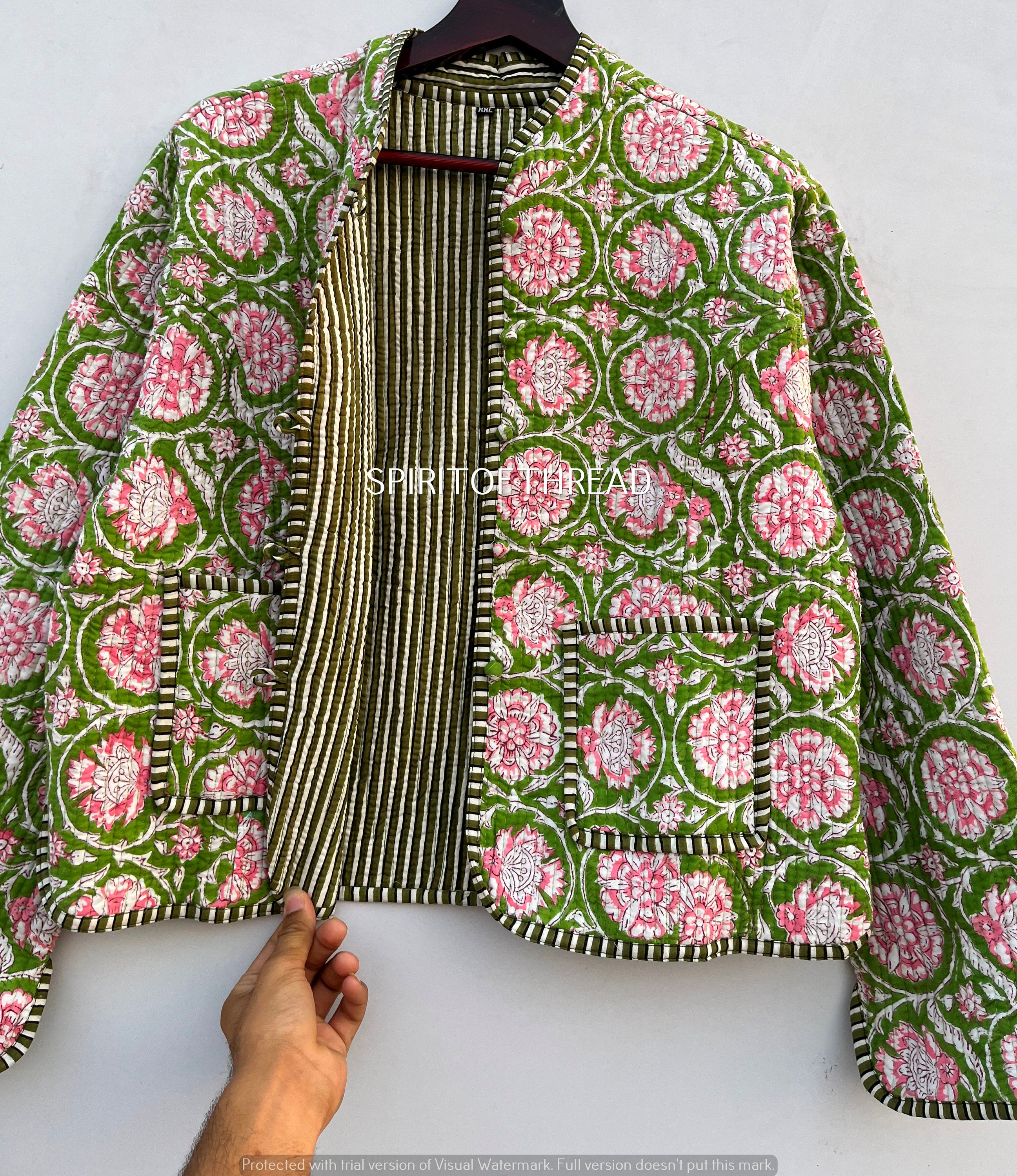 Handmade Indian Cotton Quilted Jacket: Floral Reversible Short