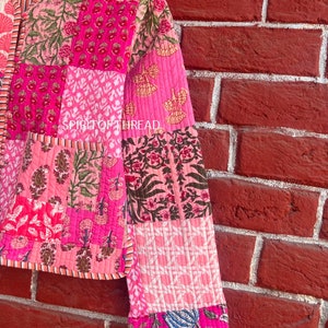 Veste en patchwork rose faite main, veste en patchwork de coton cousue à la main, style veste automne-hiver manteau streetwear bohème matelassé réversible image 3