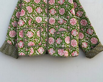 Handmade Indian Cotton Quilted Jacket: Floral Reversible Short