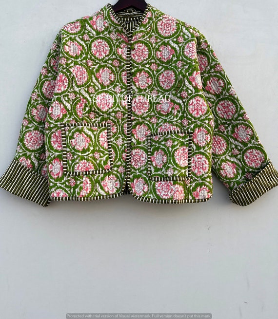 AMERI ★ INDIA BLOCK PRINT JACKET Handmade Indian Cotton Quilted Jacket: Floral Reversible Short
