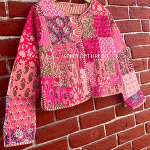 Pink Handmade Patchwork Jacket, Hand Stitched Cotton Patchwork Jacket ,Style Fall Winter Jacket Coat Streetwear Boho Quilted Reversible Coat image 7