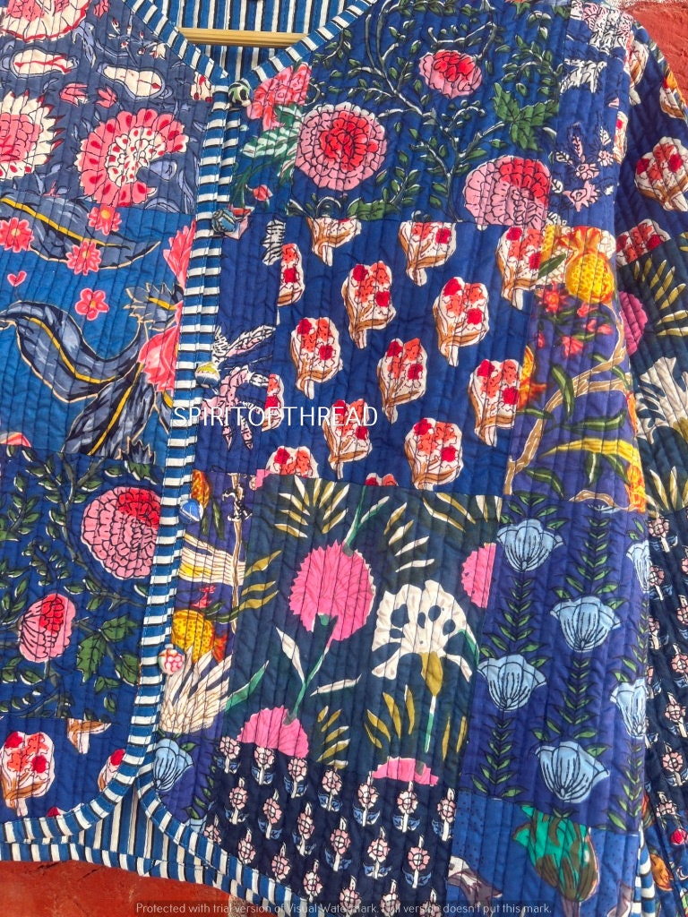 Blue Jacket Patchwork Blue Floral Patchwork Quilted Jacket: Bohemian Reversible Coat - Etsy
