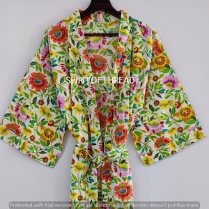 Hand Block Print Cotton Kimono Robe: Floral Wrap Dress