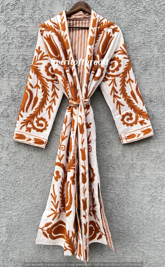 Long Suzani Embroidery Coat: Party Wear Cotton Suzani Robe