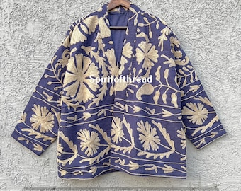 Hand Embroidered Suzani Kimono Jacket: Short Cotton Coat