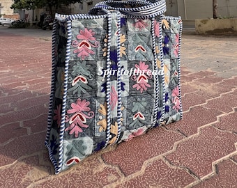 Boho Floral Embroidered Denim Tote Bag: Handmade Quilted Travel Bag