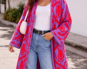 Chaqueta Suzani bordada a mano: bata kimono larga de algodón
