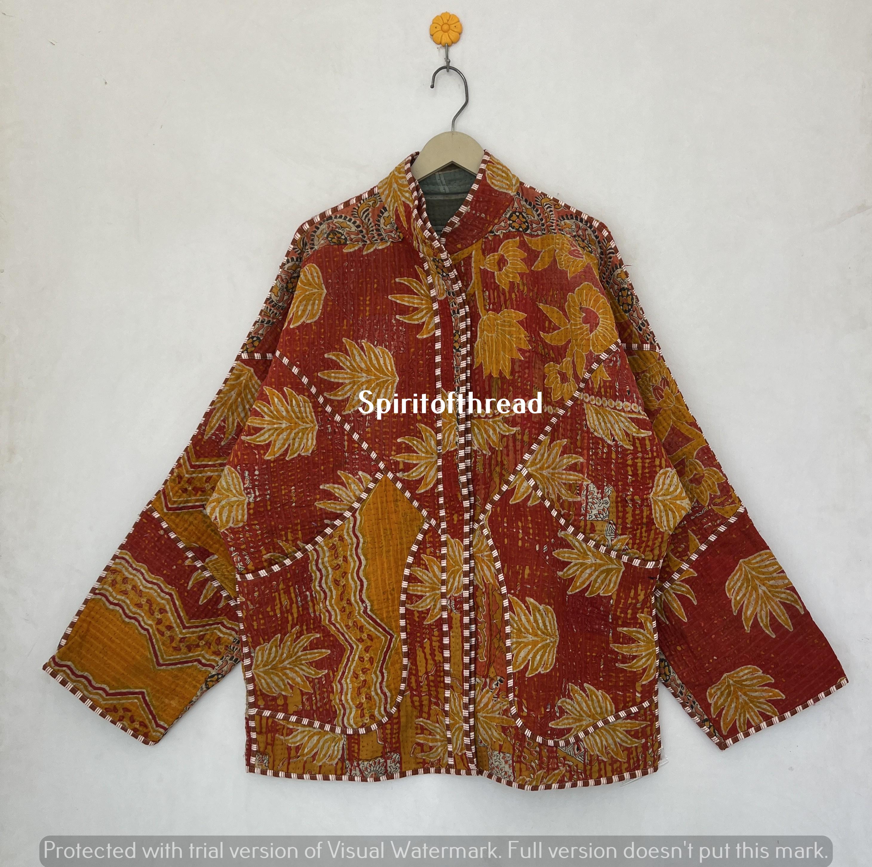 Giacca corta Kimono Kantha in cotone con stampa Bagru con cintura da