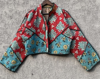 Chaqueta corta Kantha para mujer, chaqueta vintage hecha a mano n.° 18