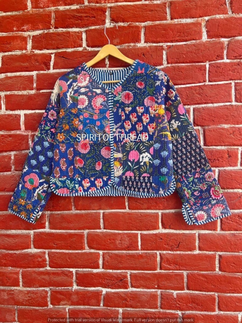 Blaue Patchwork-Steppjacken, floraler Boho-Stil, Herbst-Winterjacke, Mantel, Streetwear, Boho-Stepp-Wendejacke für Frauen Bild 1