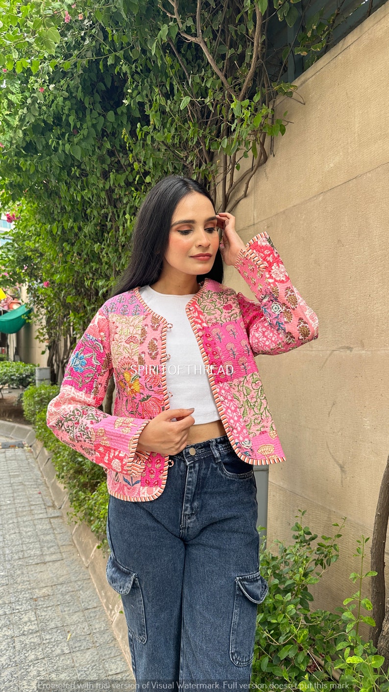 Pink Handmade Patchwork Jacket, Hand Stitched Cotton Patchwork Jacket ,Style Fall Winter Jacket Coat Streetwear Boho Quilted Reversible Coat image 3