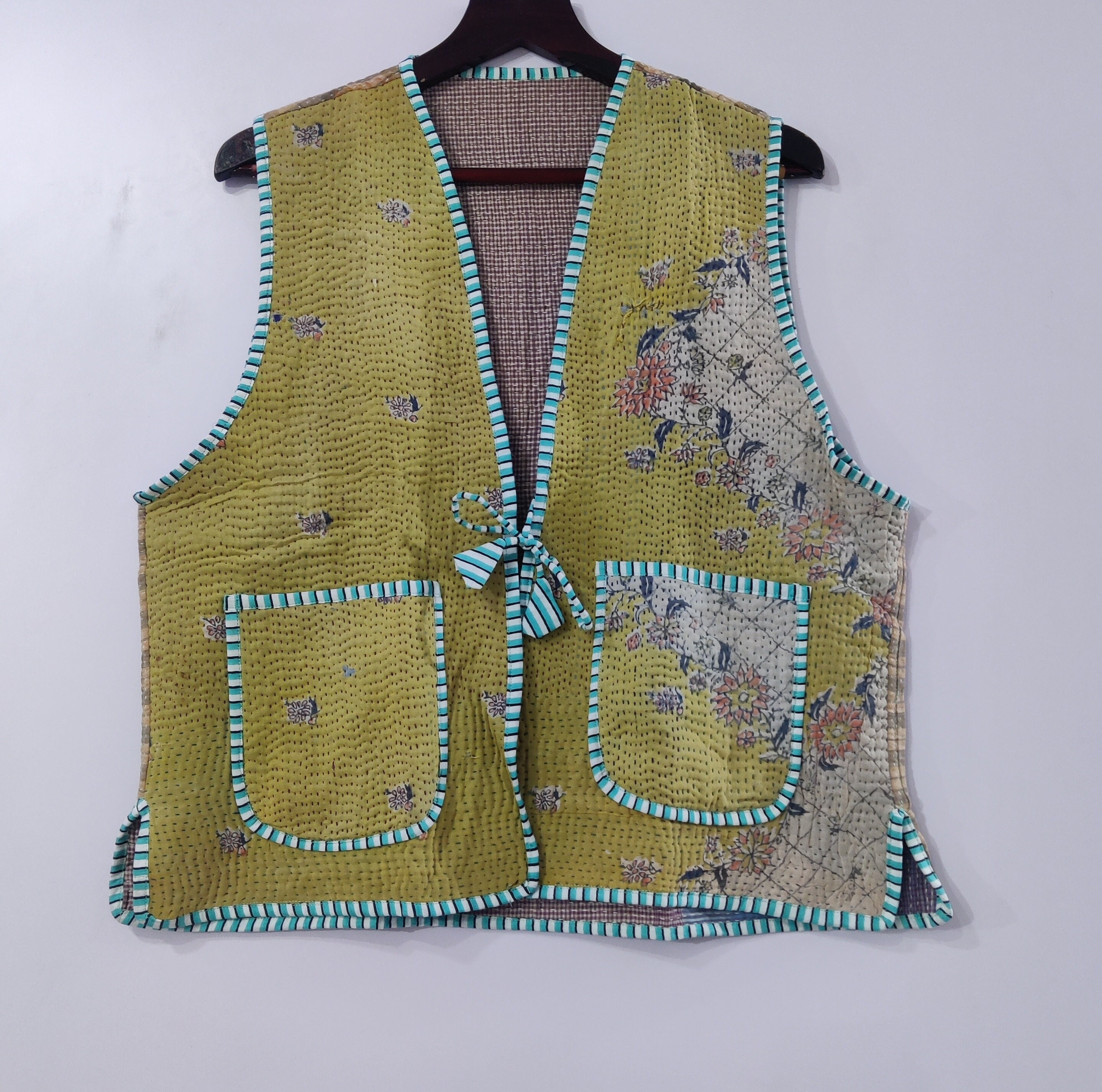 kantha double-face vest and long yellow block print cotton skirt main image 1