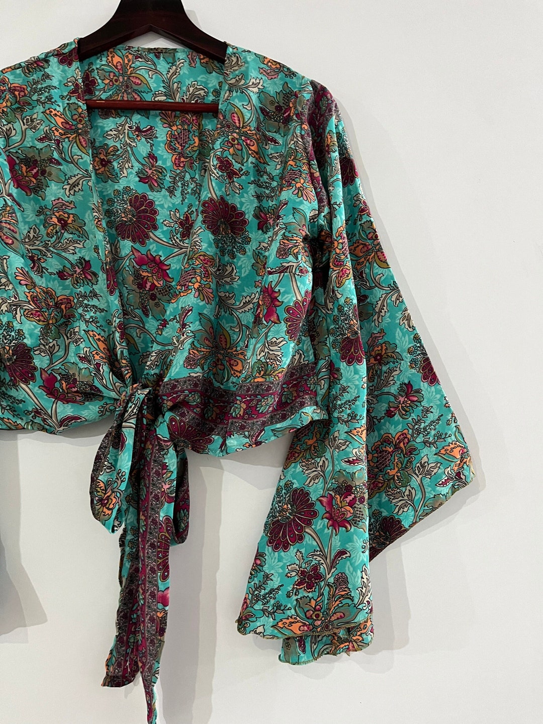 Buy 100 Silk Crop Top for Women, Bell Sleeve Silk Top, Front Tie Silk