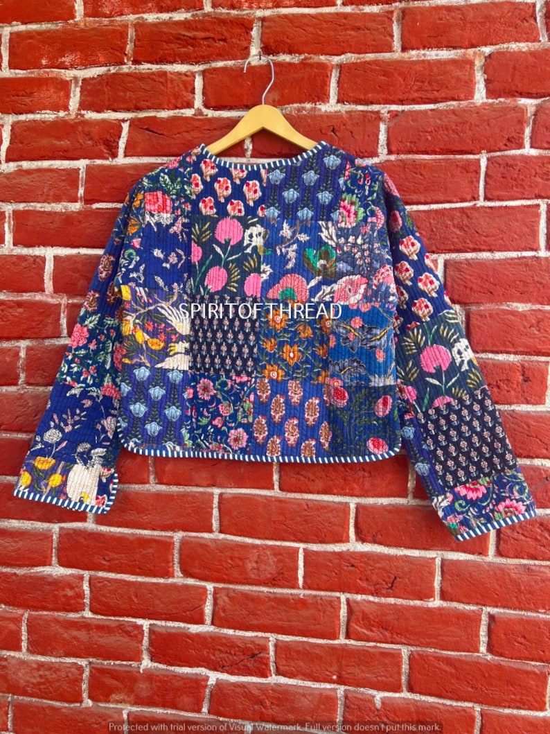 Blue Patchwork Quilted Jackets Floral Bohemian Style Fall Winter Jacket Coat Streetwear Boho Quilted Reversible Jacket for Women image 6