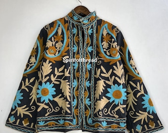 Chaqueta india con bordado suzani: abrigo estilo bomber de algodón estilo bohemio
