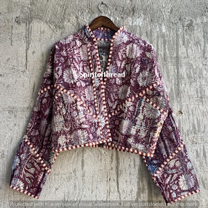 Reversible Cotton Kantha Quilted Crop Jacket: Handmade Indian Jacket