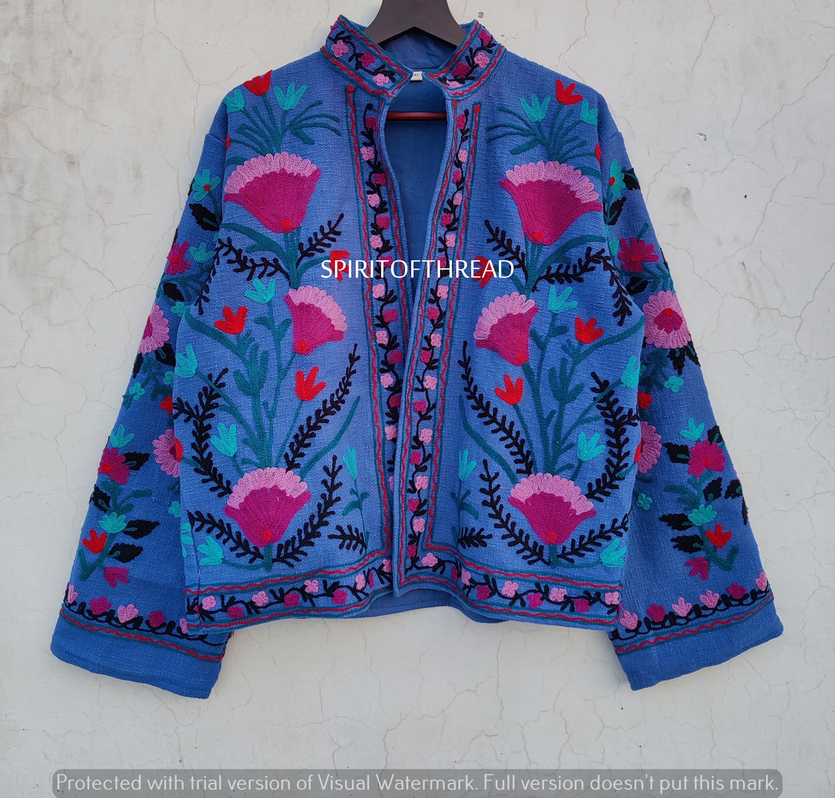 Dark Blue Cotton Suzani Hand Embroidered Jacket: Women's Winter