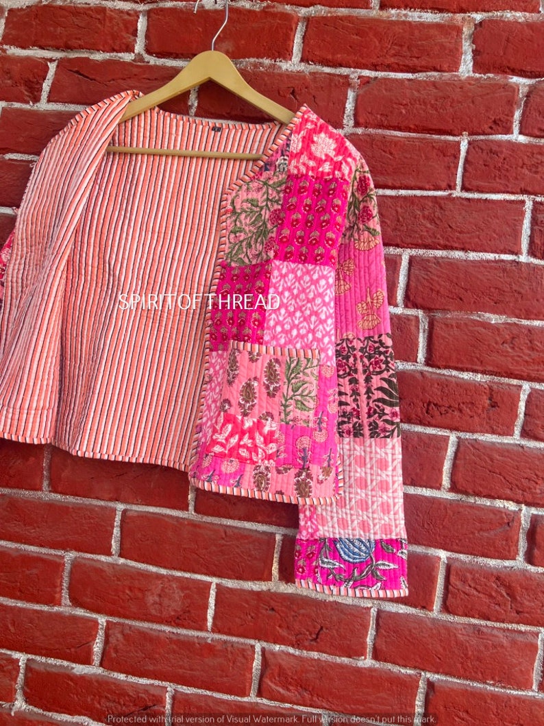 Veste en patchwork rose faite main, veste en patchwork de coton cousue à la main, style veste automne-hiver manteau streetwear bohème matelassé réversible image 9