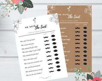 He said She said Bridal Shower Game Card
