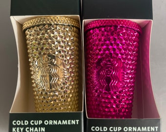 STARBUCKS GOLD & PINK STUDDED METALLIC MINI HOLIDAY COLD CUP ORNAMENT  KEYCHAIN