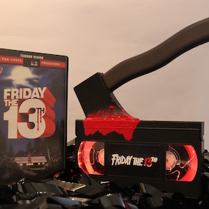 Deluxe Friday 13th VHS Light Lamp with added axe and dripping blood, 80s Horror Movie, a great gift for film lovers & Movie Buffs