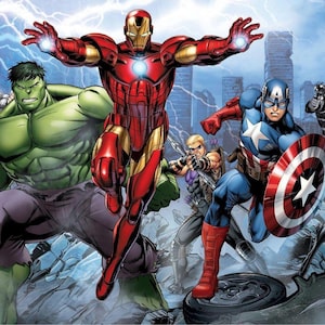 May include: A vibrant illustration of the Avengers team, featuring Iron Man, Hulk, Captain America, Thor, Black Widow, and others. The background shows a cityscape with a stormy sky. The image has the letters "D" and "T" on the sides.