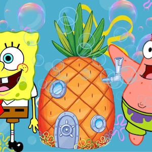May include: A cartoon image featuring SpongeBob SquarePants, Patrick Star, and a pineapple house. SpongeBob is yellow, wearing a white shirt, brown pants, and a red tie. Patrick is pink, and the pineapple house is orange. Bubbles and jellyfish are in the background.