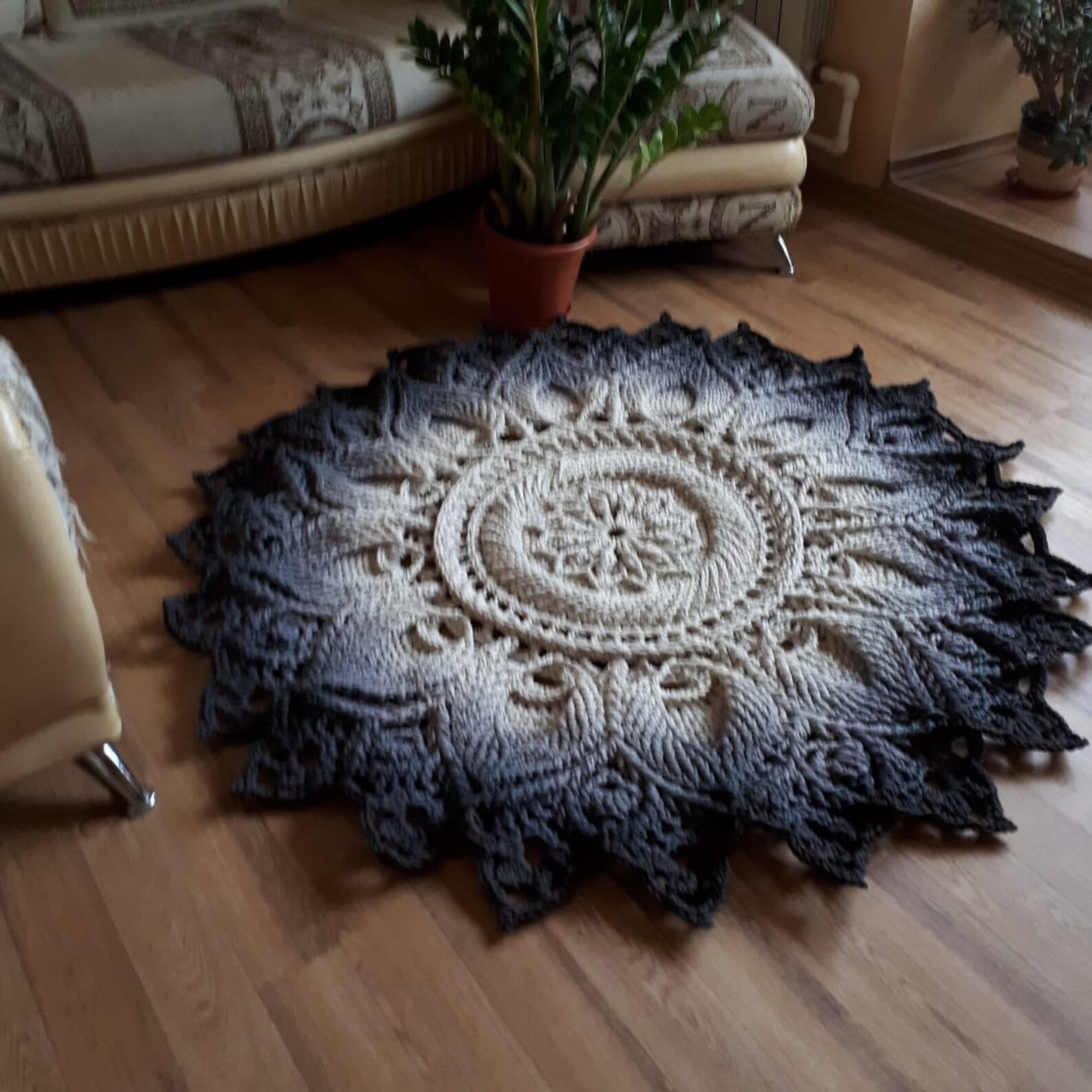 Crochet round rug. Color ivorygreygraphite. Crochet carpet. Etsy