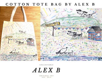 ソーセージ犬の魅力的なオリジナル絵画がコットントートバッグに描かれています