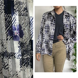 funky disco-inspired abstract checkered long-sleeve dress shirt with purple flowers | size large / extra large, 14