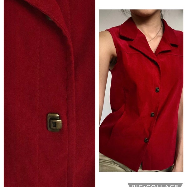 Gilet boutonné vintage à col rouge des années 60 avec boutons pression en métal | fabriqué au Canada, taille 8