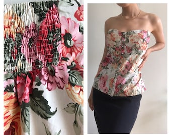 90s floral tube top with pearl snap buttons and elastic back | 100% cotton, size medium