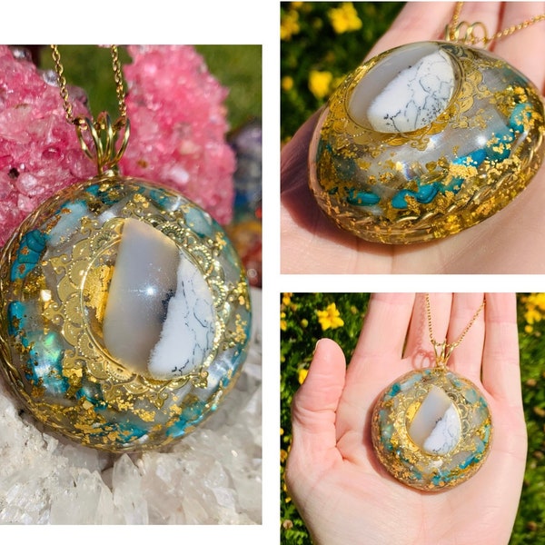 Dendritic Opal Goddess Necklace,  Selenite, Blue Shell, 24K Gold with Copper Tensor Ring colored gold, Orgone Pendant, EMF protection, Gift