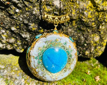 Turquoise Heart Orgone Energy EMF protection Pendant with Selenite, 24K Gold, Copper, Brass, Goddess Wear, Statement piece, Crystal Jewelry