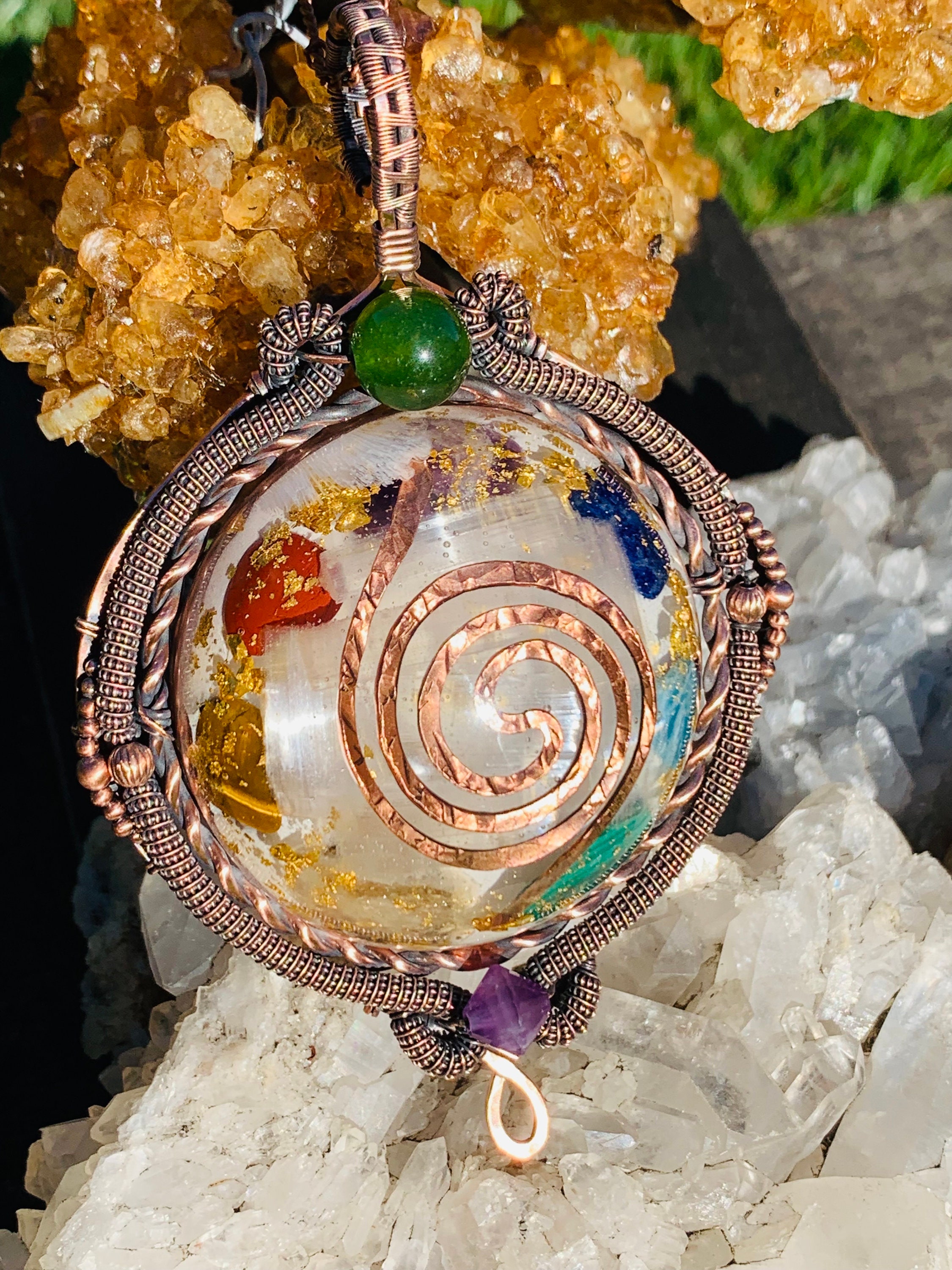 Chakra Activation Powerful EMF protection Pendant with 2 Copper Tensor Rings, Energy Vortex, Glow in the dark Antique Copper Wire Wrap
