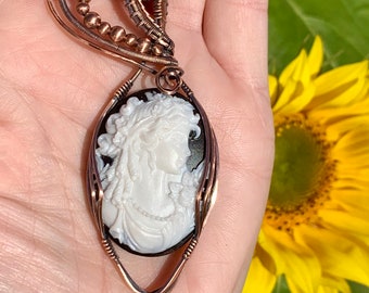 Shungite Glow in the dark lady bust Cameo Cabochon Antique Copper Wire Wrapped Pendant, EMF protection, Goddess, Witch Jewelry, Holiday Gift