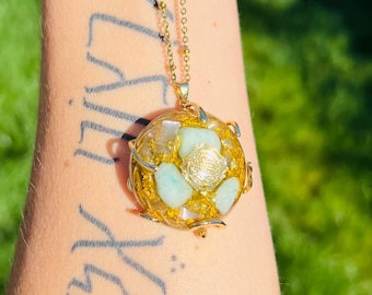 Amazonite Orgone EMF Protection Pendant with Selenite & Copper Tensor Ring, Brass, 24K Gold, Flower of Life, Orgone Energy, Gift Ideas