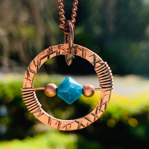Blue Apatite & Antique Copper Hammered Fidget Pendant, Throat Chakra, Spiritual Jewelry, Witch Jewelry, ADHD Jewelry, Crystal Necklace