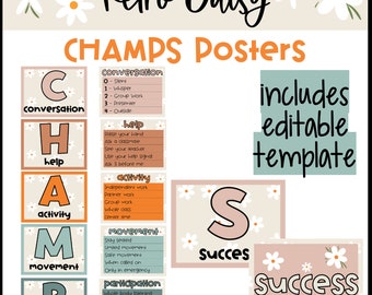 Retro Boho Daisy Themed CHAMPS Posters Classroom Decor⎮Editable
