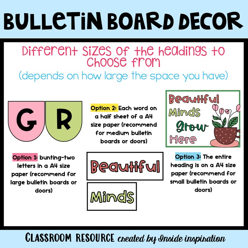 May include: A printable bulletin board decor resource with three different size options for the heading "Beautiful Minds Grow Here". The options include bunting-two letters, each word on a half sheet of A4 paper, and the entire heading on a full sheet of A4 paper.
