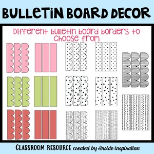 May include: A digital download of 12 different bulletin board borders. The borders are in black and white and feature various patterns, including scalloped edges, polka dots, and wavy lines. The text "Different bulletin board borders to choose from" is at the top of the image.
