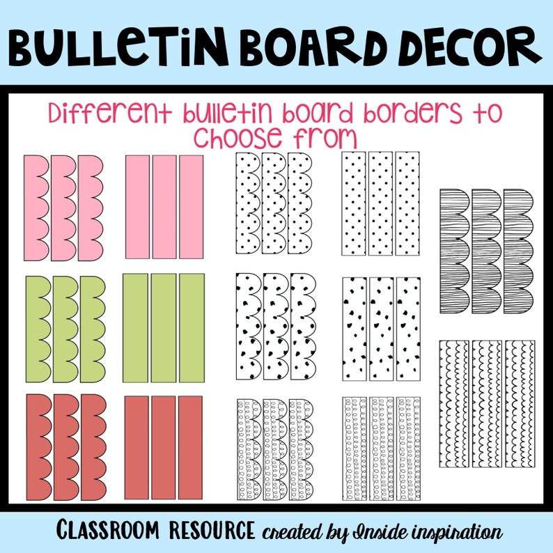 May include: A digital download of 12 different bulletin board borders. The borders are in black and white and feature various patterns, including scalloped edges, polka dots, and wavy lines. The text "Different bulletin board borders to choose from" is at the top of the image.