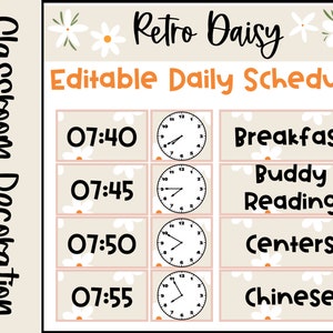 Op de afbeelding: Een printbare klasrooster met een retro-madeliefje-thema. Het rooster bevat tijden van 7:40 tot 7:55 en activiteiten zoals ontbijt, buddy reading, centra en Chinees.