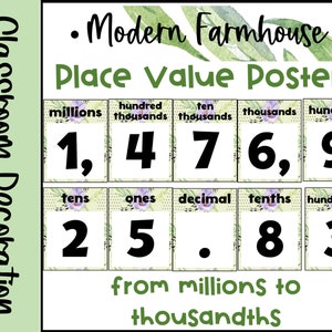 Modern Farmhouse Place Value Posters Watercolor Classroom Decor