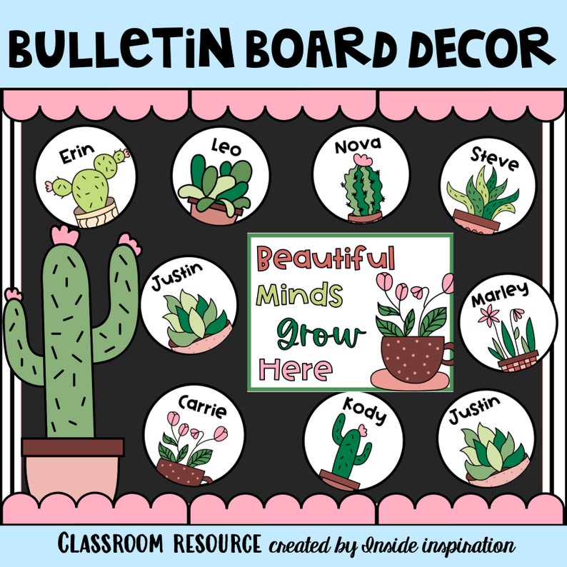 May include: A black bulletin board with a pink border decorated with a cactus theme. The board has a title that reads "Bulletin Board Decor" and a subtitle that reads "Classroom Resource created by Inside Inspiration". The board is decorated with colorful circles featuring names and images of cacti and succulents. The center of the board features a sign that reads "Beautiful Minds Grow Here".