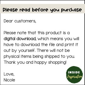 May include: A digital download notice with the text "Please read before you purchase" at the top. The text explains that the product is a digital download and that customers will need to download the file and print it themselves. The notice ends with "Thank you and happy shopping!" and is signed "Love, Nicole".